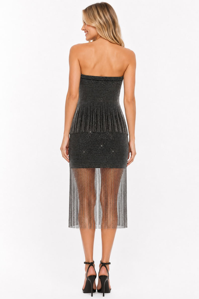 JEWEL NIGHT RHINESTONE MESH FRINGE SKIRT