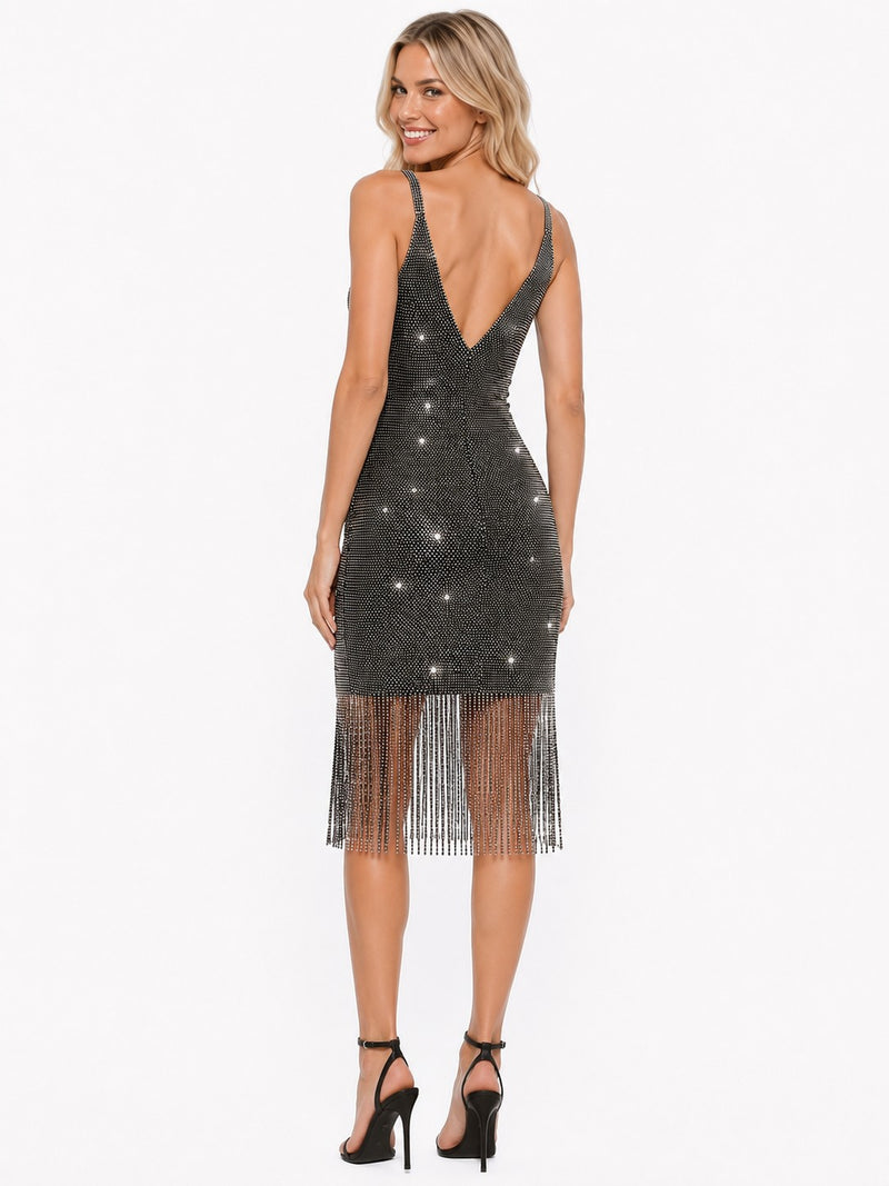 JEWEL NIGHT RHINESTONE MESH FRINGE DRESS